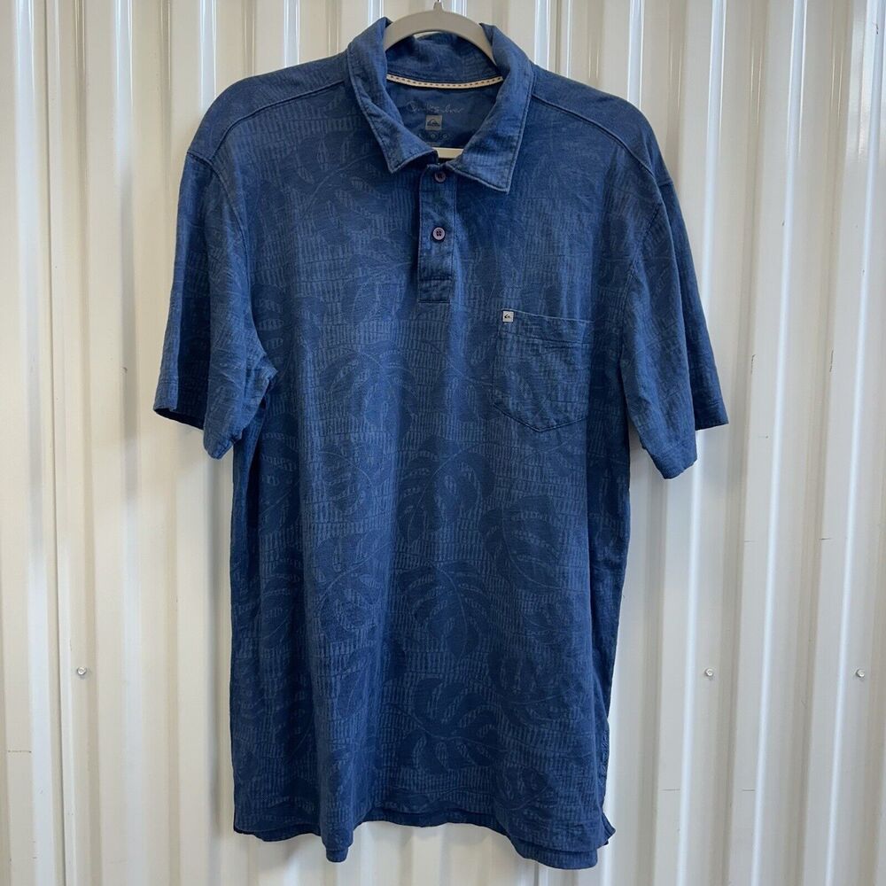 Quiksilver Polo Mens Large Blue Leaf Short Sleeve Casual Beach Tropical Surf
